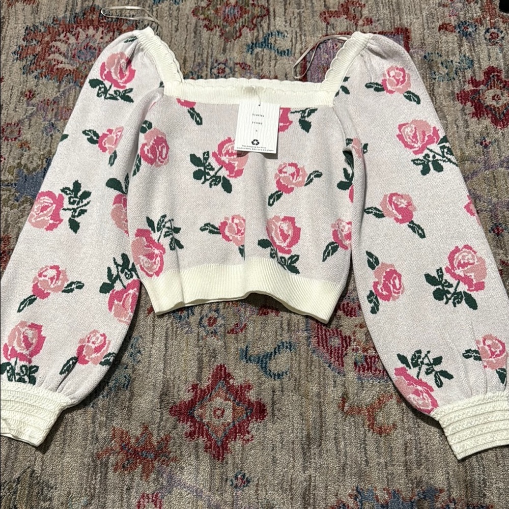 Floral Pink and White Sweater